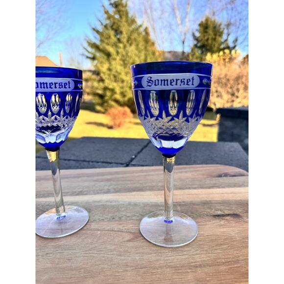 Somerset Cobalt Blue Cut to Clear Crystal Wine Glasses 6.75”~Set of 2 - Picture 3 of 7